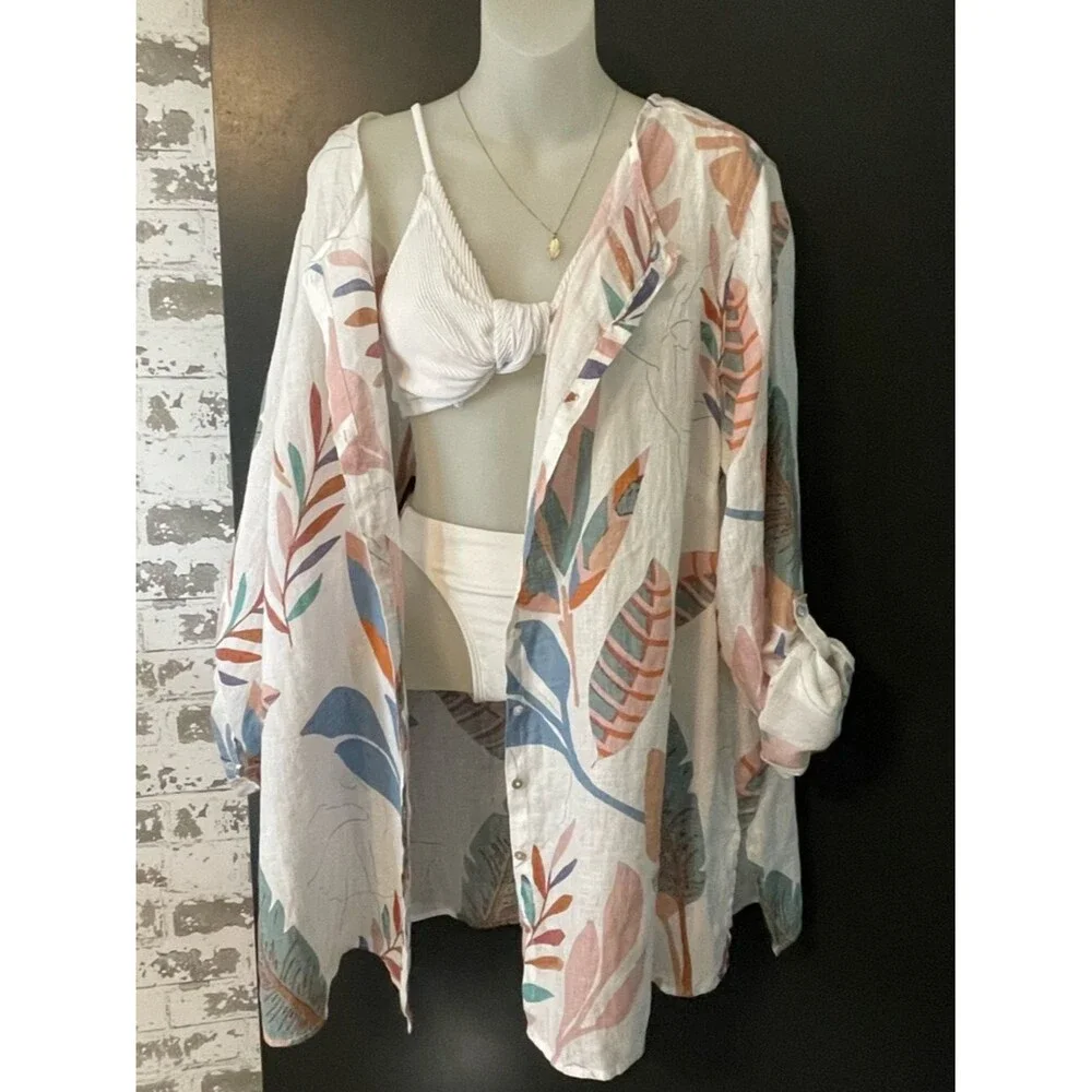 Cynthia Rowley Linen Tunic Shirt Tropical Print Swim Cover Up OS